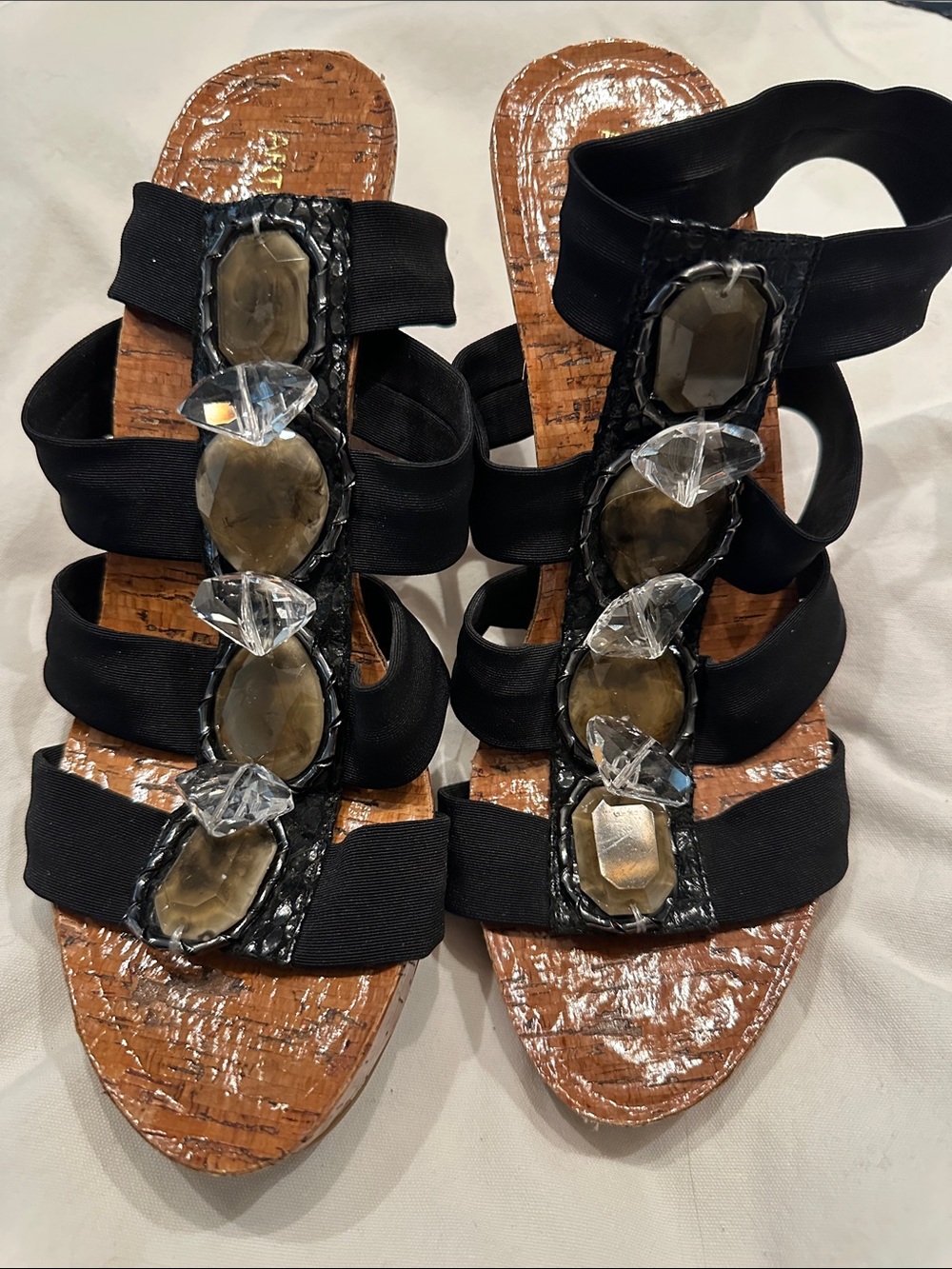Arturo Chiang Black Strappy Sandals with Smoky and Clear Gem Accents